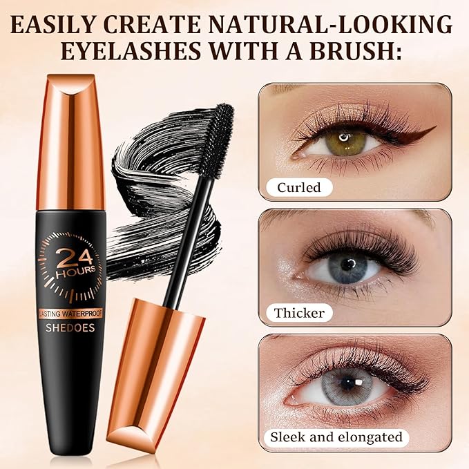 2 PCS 4D Waterproof Silk Fibre Thick Lengthening Mascara, Long Lasting Smudge-Proof Curling Eyelashes Mascaras with No Flaking Black Volume and Length Natural, All Day Full