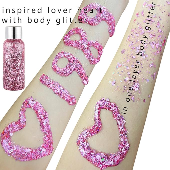 MEICOLY Pink Face Body Glitter,Sparkly Hair Glitter,Pink Accessories for Spirit Week,Singer Concerts Lover Heart Chunky Glitter Makeup,Mermaid Glitter Face Paint