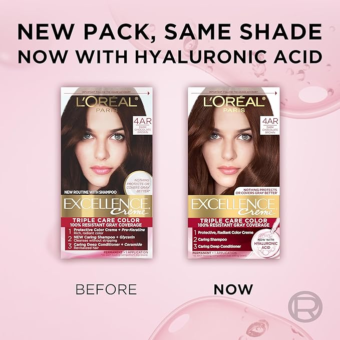 L'Oreal Paris Excellence Crème Permanent Hair Dye, Triple Care Hair Color with Pro-Keratine Complex for 100% Gray Hair Coverage, 4AR Dark Chocolate Brown, 1 Kit (Pack of 2)