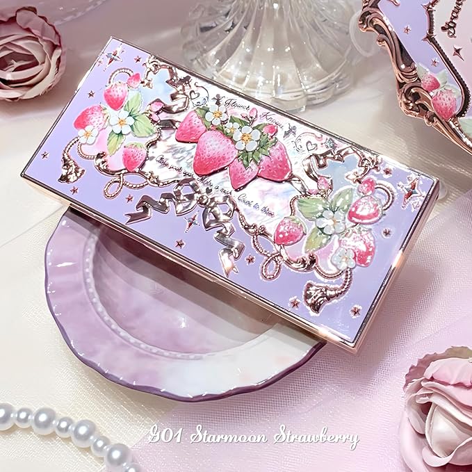 Flower Knows Violet Strawberry Rococo Eyeshadow Palette,Purple Pink Makeup Palette with 3 Matte + 2 Shimmer Shades,Blendable Smooth Cute Eye Makeup,0.21 Oz(Starmoon Strawberry)