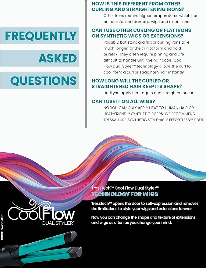 TressTech Cool Flow Dual Styler 2-in-1 Curling & Straightening Iron, Curls or Straightens Human Hair, Heat Friendly Wigs or Extensions, Patented Cooling Technology Adjustable Temp