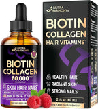 Liquid Biotin & Collagen 60,000 mcg - Vitamins for Hair Growth Support - Extra Strength Drops for Women & Men - Liquid Collagen Supplement - Strong Nails & Healthy Skin - Made in USA - 2 Fl Oz