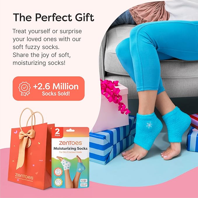 ZenToes Moisturizing Socks for Cracked Heel Treatment, Vitamin E, Olive Oil and Jojoba Oil Heel Socks, Stocking Stuffers for Women, Spa Self Care Gifts for Women (White & Blue Snowflake, Regular)