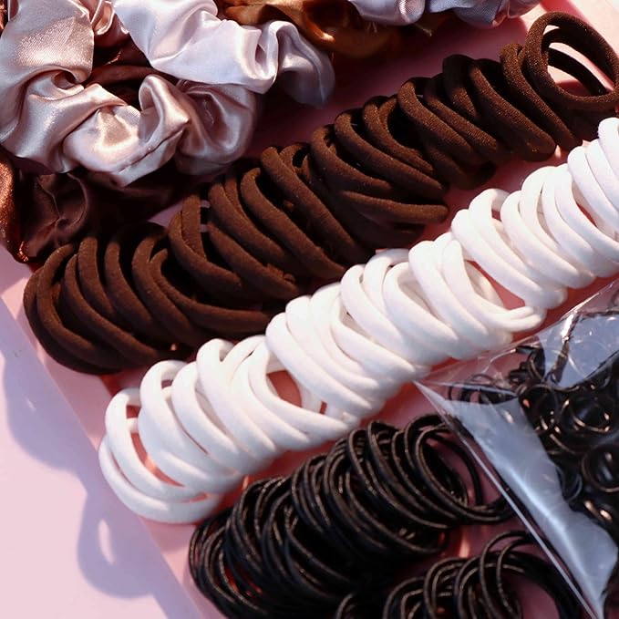 YANRONG Hair Accessories Set - 755 Seamless Ponytail Holders, Variety of Scrunchies, Bands, and Hair Ties for Thick and Curly Hair (light brown)