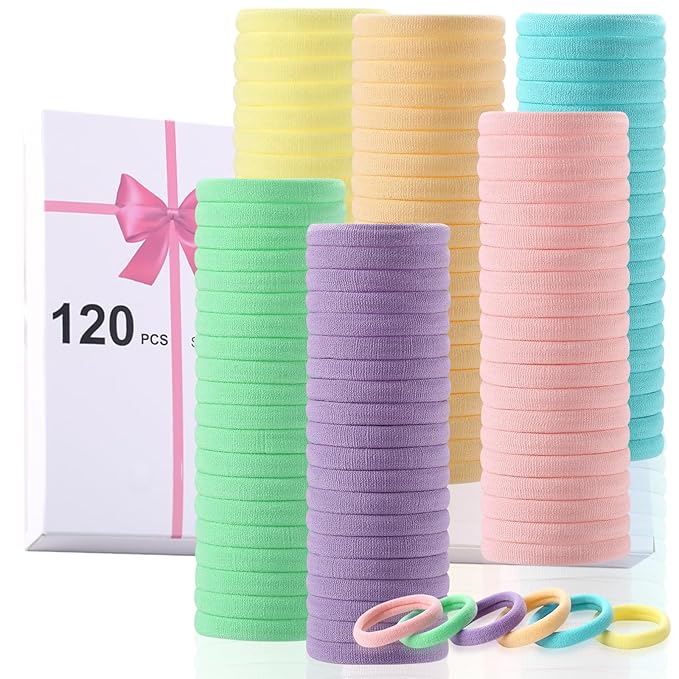 LuSeren 120 Pcs No Damage Thick Hair Ties, Large Soft Seamless Nylon Cloth Hair Elastics for Women, Light Color