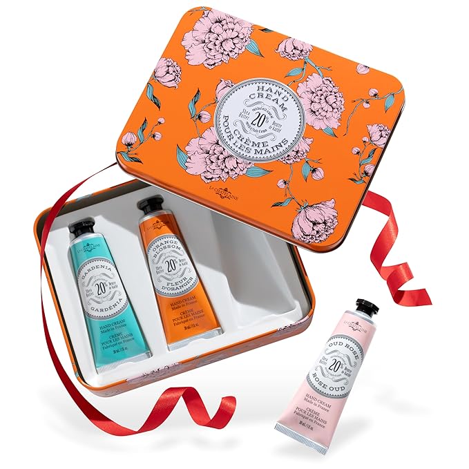 La Chatelaine Hand Cream Trio Tin, Gifts for Mom, Natural Hand Lotion Gift Set, Made in France 20% Organic Shea Butter (Gardenia, Cinnamon Orange, Passion Fruit or Orange, Oud Rose) 3 x 1 fl. oz