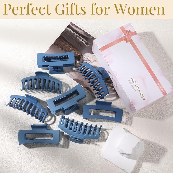 Blue Hair Clips for Women - 8 Pack 4.3 Inch Large Hair Claw Clips for Women Thin Thick Curly Hair, Big Matte Banana Clips,Strong Hold jaw clips