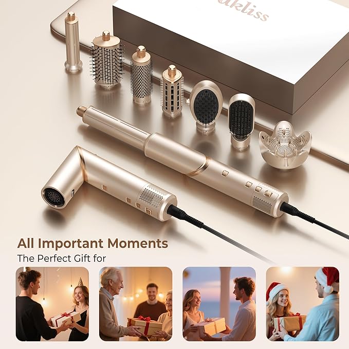 Ukliss 8 in 1 Hair Dryer Brush & Multi Hot Air Styler–Foldable 110,000 RPM Blow Dryer Brush Tool Set with Diffuser Auto-Wrap Curler for Fast Drying Curling Straightening Hair Daily Styling