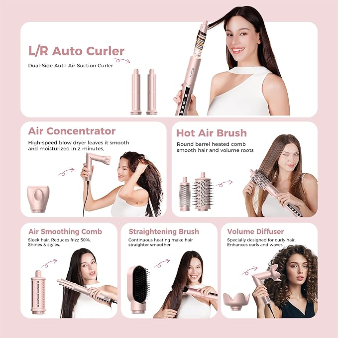 8-in-1 Hair Dryer Brush & Hot Air Styler, 110,000 RPM Blow Dryer Brush Foldable LCD Display, 4 Heat Settings Auto Curler Fast Drying Curling Straightening for Salon & Travel (Pink)