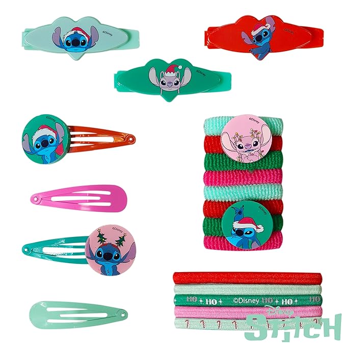 Luv Her Disney Lilo & Stitch Girls' Hair Accessories Set - 20 Pack Christmas Stitch - Includes 3 Barrettes, 4 Snap Clips, 5 Elastics, 8 Terry Ponies - Everyday Wear, Special Occasions, Ages 3+