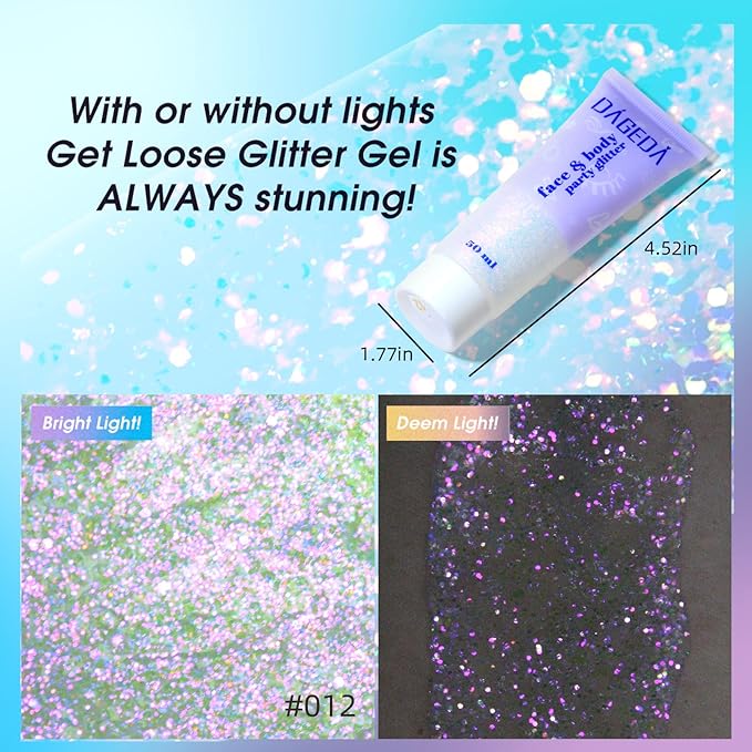 DAGEDA Body Glitter Gel, Holographic Face Glitters Body Gel Shimmer Liquid Eyeshadow, Color Changing Glitter for Face Hair Nails, Glitter Under Light Festival Glitter Makeup 1.7oz (Sparkling Pink)