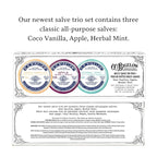 C.O. Bigelow Assorted Salve Tins, Pack of 3 Lip Balm Tins, Coco Vanilla, Apple, and Herbal Mint All Purpose Salve for Lips, Cuticles, Hands & Dry Skin, Lip Balm Set, 0.8 oz