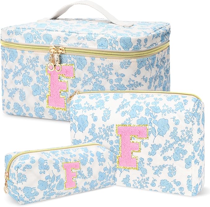 3 PCS Travel Makeup Bag Set, A–Z Initials Cotton Quilted Cosmetic Bag for Women & Preppy, Personalized Toiletry Bag Travel Accessories Makeup Brushes Organizer, Valentine’s Day & Birthday Gift for Her