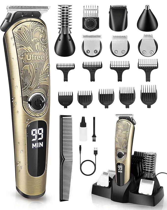 Ufree Gifts for Men, Beard Trimmer with Charging Stand, IPX7 Waterproof Electric Razor Shavers for Men, Clippers for Hair Cutting, Mens Grooming Kit for Mustache Nose Facial Body