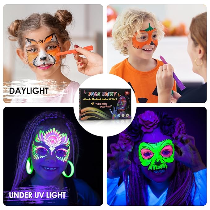 glow in the dark body face paint, 12pcs neon accessories for glow party supplies, UV Crayon Kit neon party decorations for Birthday Party Halloween Masquerade Makeup for Kids Adult