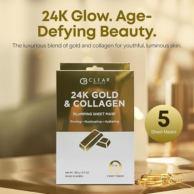 Clear Beauty 24K Gold & Collagen Face Mask – Firming & Moisturizing Sheet Masks For Radiant Glow & Smooth Texture – Dermatologist Tested, Anti-Aging, Korean Skin Care – Vegan Clean Beauty – 5 Count