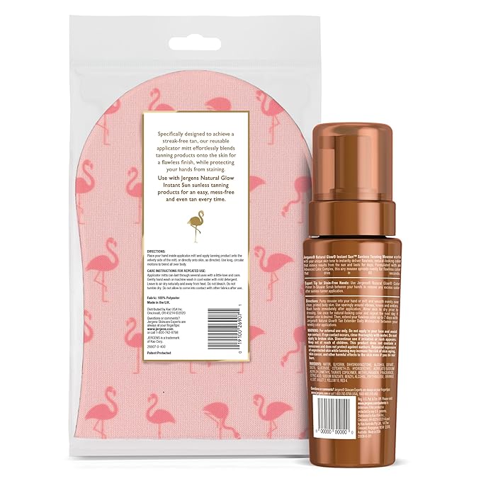 Jergens Natural Glow Instant Sun Self Tanner Mousse Bundle, Deep Bronze, Sunless Tanning, 6 Oz Bottle and Application Mitt