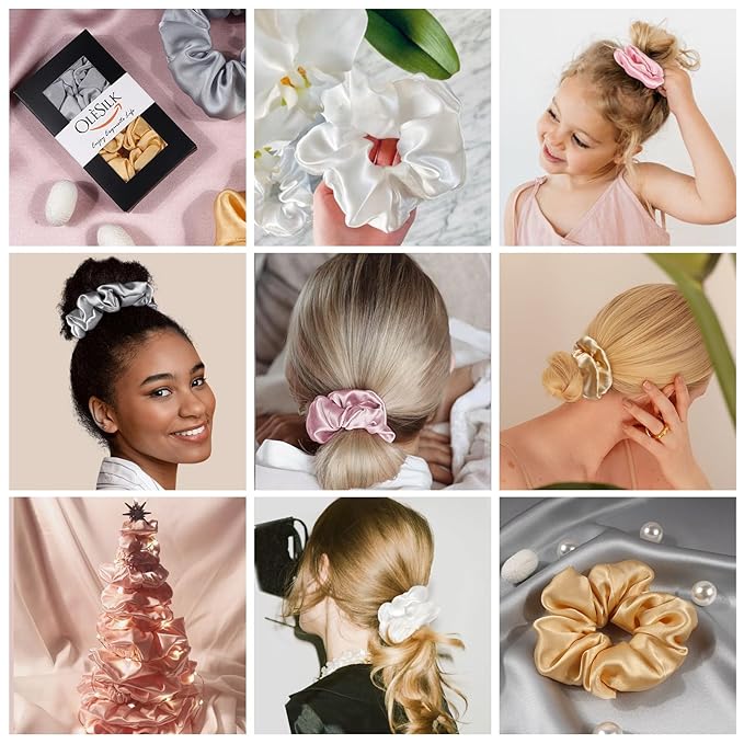 OLESILK 100% Mulberry Silk-Scrunchies for Hair Sleep, Women Grils Silk Hair Ties for Frizz & Breakage Curly Hair, No Damage, Elastics Ponytail Holder, 3 Pack
