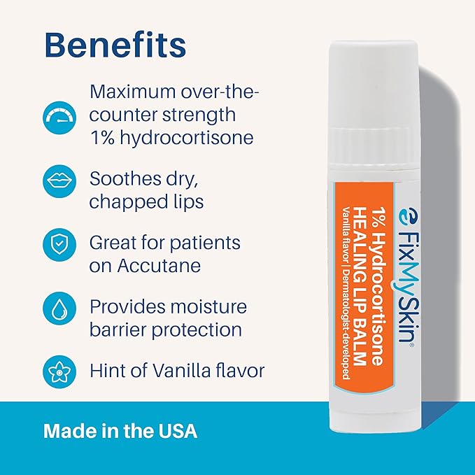 FixMySkin 1% Hydrocortisone Healing Lip Balm, Vanilla – Soothes Dry, Cracked & Irritated Lips, Relieves Chapped Lips, Cold Sores & Eczema, Dermatologist Developed, Travel-Friendly Tube, 0.15 oz