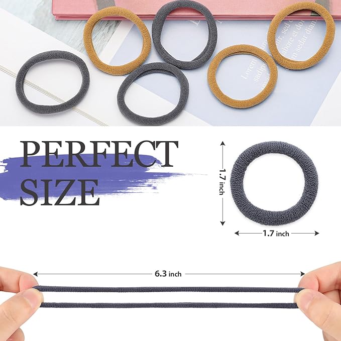 50Pcs Hair Ties for Women Girls,Cotton Seamless Hair Ties, Soft Ponytail Holders,No Crease No Damage Elastics Hair Bands with Box for Thick Heavy and Curly Hair (Camel+Grey)