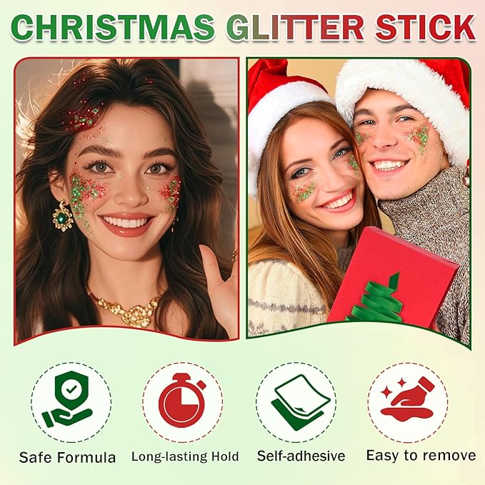 Christmas Body Glitter Stick, Face Body Glitter Gel Holographic Hair Glitter Halloween Chunky Sequin Waterproof Face Paint Stick Glitter Makeup for Women