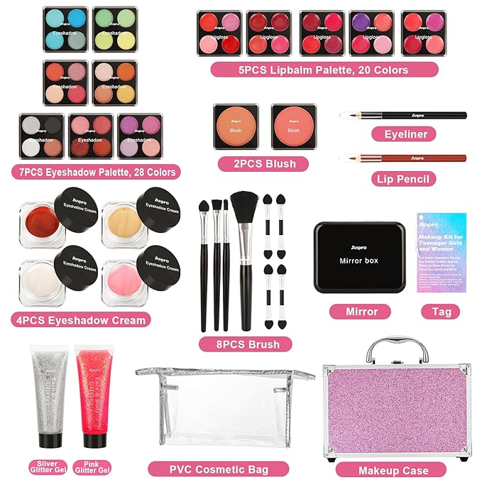 Anpro All-In-One Makeup Kit for Girls 10-12 with Case, Pro Teen Makeup Set, Tween Makeup Kit for Teens Women, Full Starter Make Up Kit with Brushes, Lipstick, Eye Shadows Palette, Blushes, Glitter Gel