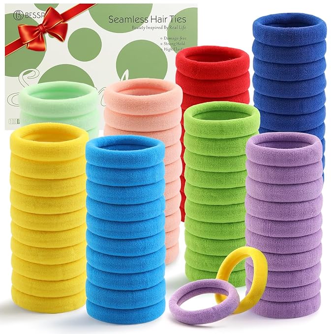 100 Pcs Thick Seamless Hair Ties, Ponytail Holders Hair Accessories No Damage for Thick Hair Christmas Gift(Rainbow Colors)