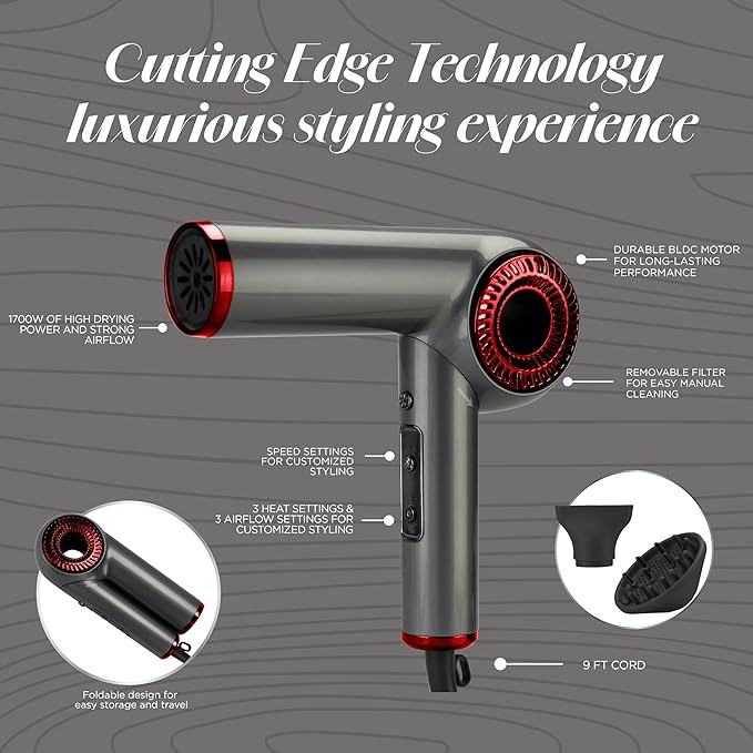CHI Lava Brushless Motor Hair Dryer, Foldable Design, Faster, Quieter Drying, Reduces Frizz & Enhances Shine, Customizable Heat & Speed Settings