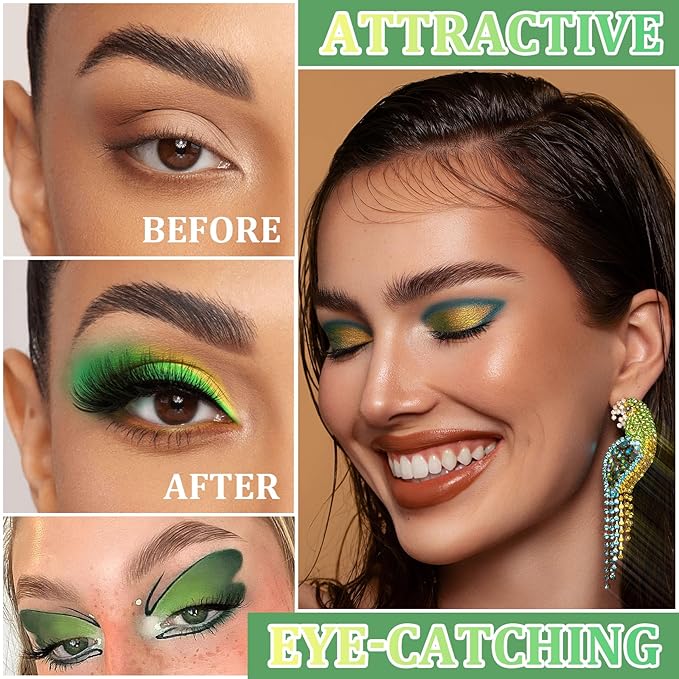 Green Eyeshadow Palette Makeup,16 Colors Highly Pigmented Long Lasting Waterproof Glitter Eye Shadow Plattet,Blendable Forest Green Yellow Colorful Matte Eyeshadow Makeup Palette for Women