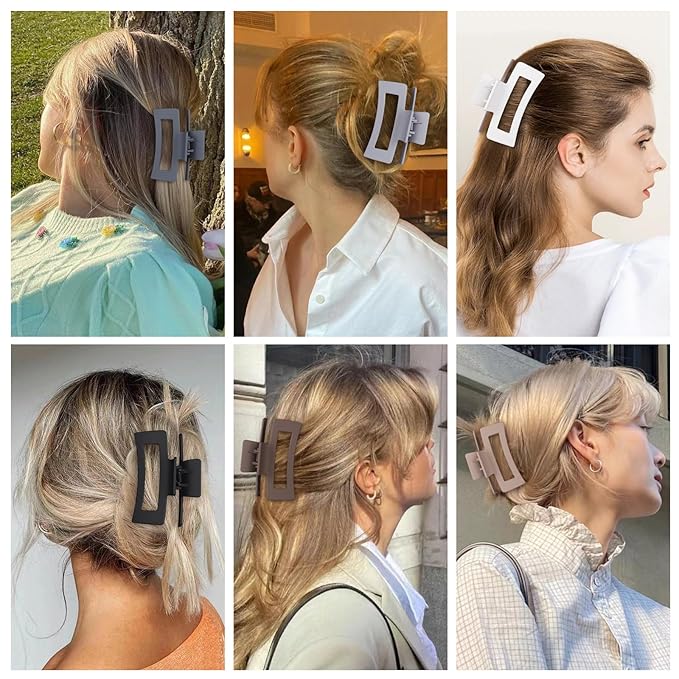 Square Hair Clips 3.5 Inch Medium Claw Clips Rectangle Hair Claw Clips 6 Pack Rubber Paint Jaw Non-Slip Thick Hair Accessories for Women Girls -Brown Grey