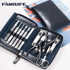 Manicure Kit, FAMILIFE Professional Manicure Set Nail Kit, 11 in 1 Stainless Steel Nail Clippers Set for Men Pedicure Tool, Men Grooming Tool with Portable Blue Leather Travel Case Luxury Gifts