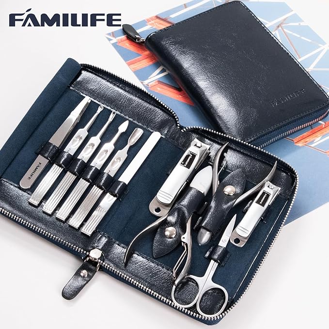 Manicure Kit, FAMILIFE Professional Manicure Set Nail Kit, 11 in 1 Stainless Steel Nail Clippers Set for Men Pedicure Tool, Men Grooming Tool with Portable Blue Leather Travel Case Luxury Gifts