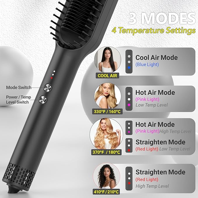 Hair Straightener Brush, HC13 Straightening Brush Comb with Ring Teeth, Straighten/Hot/Cool Air 3 Mode, 30s Fast Heat Up, Auto Shut Off & Anti-Scald Shell for Curly Wavy Frizzy Hair | Black