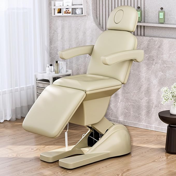 3 Motor Electric Esthetician Bed, Fully Electric Facial Chair with Adjustable Height, Backrest and Footrest, Spa Chair with Armrest & Heavy Duty Base, PU Leather for Spa, Tattoo, Eyelash and So On