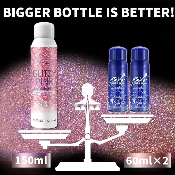 Hair Glitter Body Glitter Spray, 150ML Glitter Hairspray Holographic Pink Glitter Spray for Hair and Body, Hair Glitter for Kids Women, Body Shimmer Festival Rave and Makeup 4.2 Fl Oz