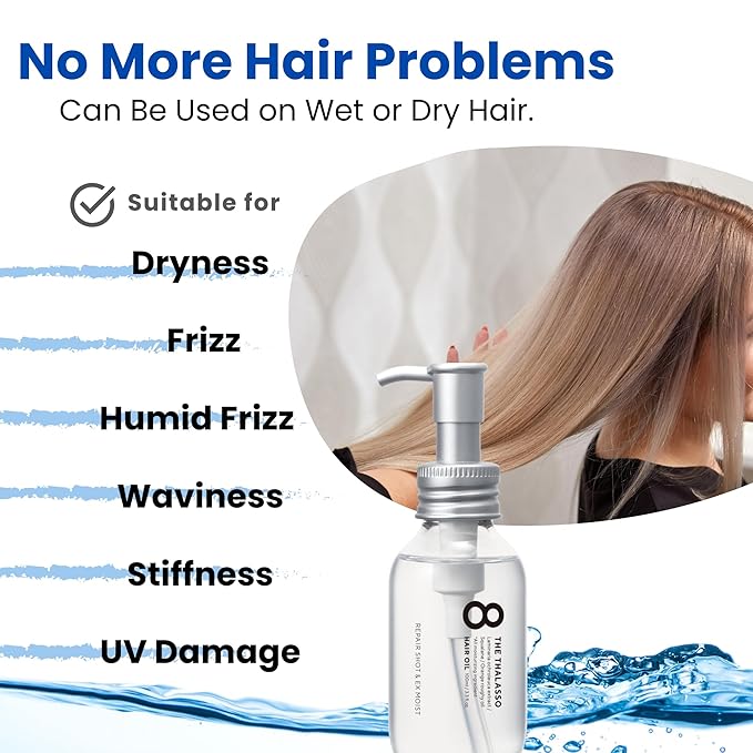 8 THE THALASSO Natural Hair Oil for Women & Men, Anti Frizz Serum by Glycerin, Lecithin, Squalane, Rosemary, Peppermint & Tea Tree, Hair Oil Treatment by Japan, Paraben & Sulfate Free 3.38 Fl Oz MOIST