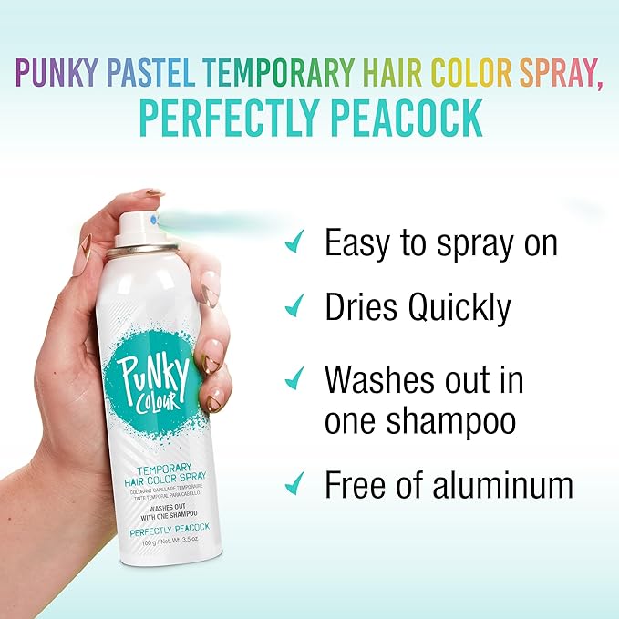 Punky Pastel Temporary Hair Color Spray, Perfectly Peacock, Spray-On Hair Color, Fast-Drying, Non-Sticky, Travel Size Hair Dye for Instant Vivid Hair Color, 3.5 oz, 1-Pack