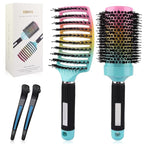 4 Piece Boar Bristle Hair Brush Set for Fine & Thick Hair - Round & Paddle Brushes for Blow Drying,Curl Defining & Wet Hair,Travel Combs (Includes 2 Clips)