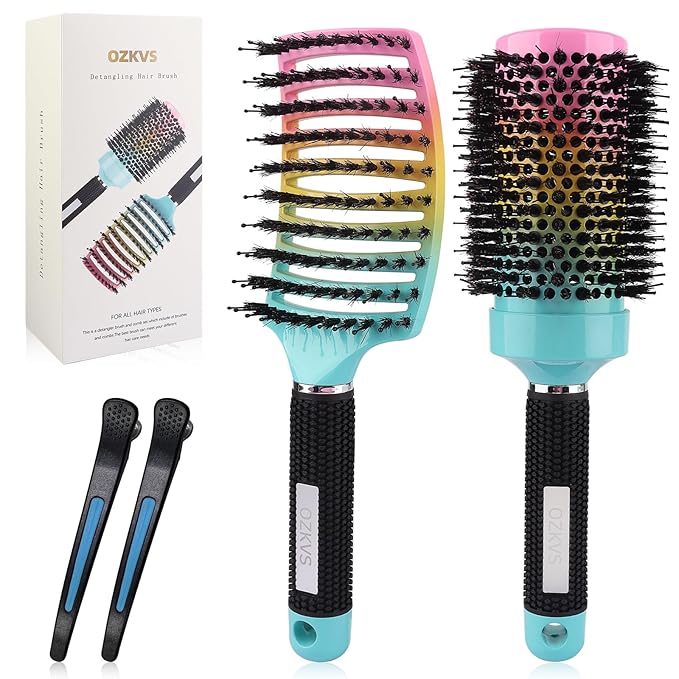 4 Piece Boar Bristle Hair Brush Set for Fine & Thick Hair - Round & Paddle Brushes for Blow Drying,Curl Defining & Wet Hair,Travel Combs (Includes 2 Clips)