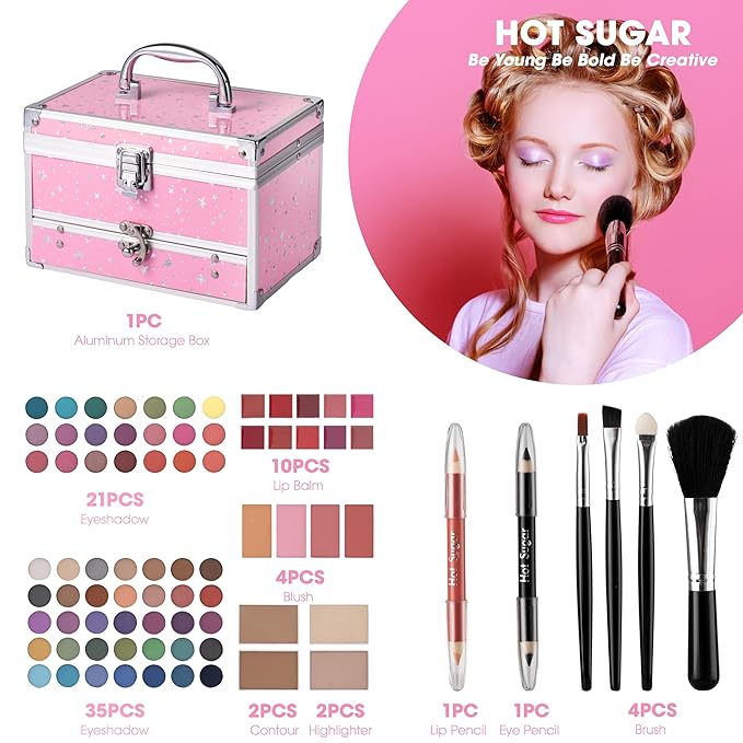 Hot Sugar Makeup Kit for Teens with Train Case, Portable Beginner Makeup Gift Set, Makeup Beauty Kit for Girls (Pink)