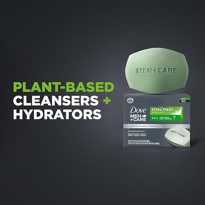 DOVE MEN + CARE 3 in 1 Bar Cleanser for Body, Face, and Shaving Extra Fresh Body and Facial Cleanser More Moisturizing Than Bar Soap to Clean and Hydrate Skin 3.75 Ounce (Pack of 8)