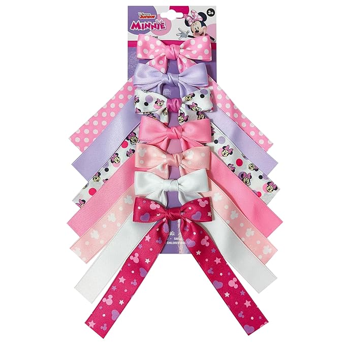 Disney Minnie Printed Long Tail Hair Bow Set for Girls – 7-Pack Printed Bows with Alligator Clips – Cute Hair Accessories for Kids Ages 3+