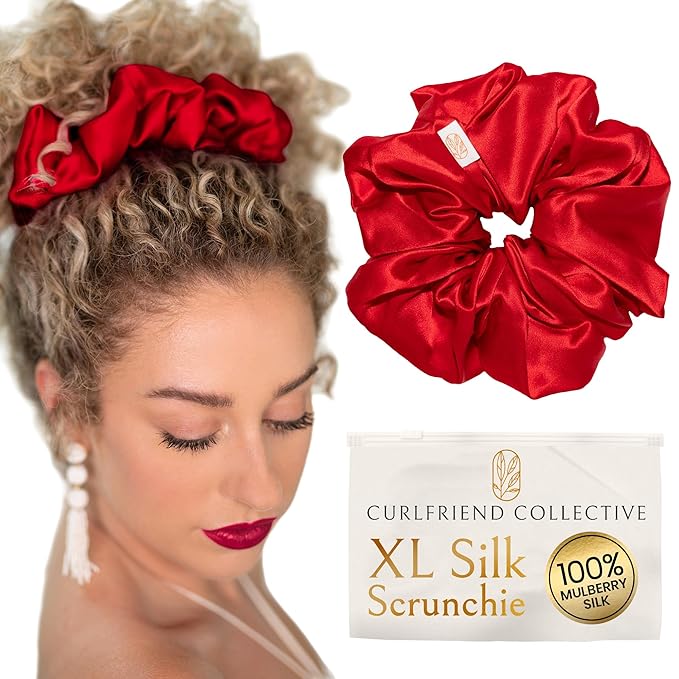 Silk Scrunchies Ponytail Holders – Oversized Mulberry Silk Scrunchies – Extra Large No Damage Hair Ties for Curly, Thick, and Thin - Hair Accessories for Women – Poppy Razzi Red, XL By Curlfriend