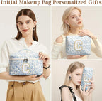 Birthday Gifts for Teen Girls Women, Personalized Initial Makeup Bag Quilted Cosmetic Bag Floral Make Up Bag Travel Toiletry Bag Teen Girl Gifts Trendy Stuff Christmas Gifts for Mom Daughter Friends