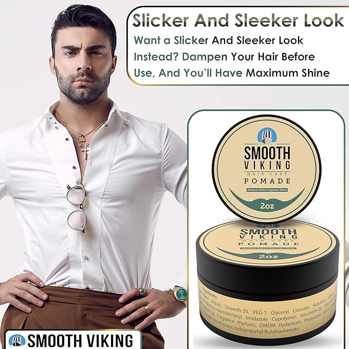 Smooth Viking Medium Hold & High Shine Pomade - Water Based Hair Cream for Curly, Thick & Straight Hair - Men's Hair Product - Made in USA, 2oz