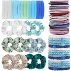 Hair Ties for girls 4 popular styles Hair Elastics (15pcs No Damage Hair Ties 50pcs High Elastic Ties 15pcs Ponytail Holders 12 Satin Scrunchies) Pain-free No Crease multiple colors for all hair types