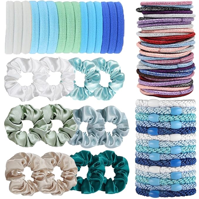 Hair Ties for girls 4 popular styles Hair Elastics (15pcs No Damage Hair Ties 50pcs High Elastic Ties 15pcs Ponytail Holders 12 Satin Scrunchies) Pain-free No Crease multiple colors for all hair types