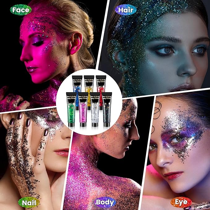 AROIC Face Glitter, 14Pcs Body & Hair Glitter Gel Sparkle Makeup for Women Party Rave Outfits, Concerts Festival Face Paint，Rave Accessories for Music Festivals Black Light Party (7 Colors)
