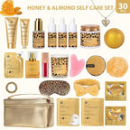 33 Pcs Honey & Almond Skin Care for Women, Spa Bath & Body Gift Set, Face Sheet Mask, Hydrogel Mask, Lip Gloss, Cosmetic Bag, Face Serum, Necklace, Cleanser, Valentine's Day, Anniversary, Birthday