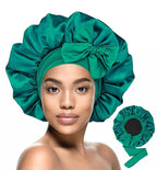 HiRui Silk Satin Bonnet for Sleeping Women, Double-Layer Sleep Cap Shower Cap with Adjustable Tie, Moisture Retaining Satin Lined Hair Bonnet for Curly and Natural Hair (Cyan/Black, Medium)